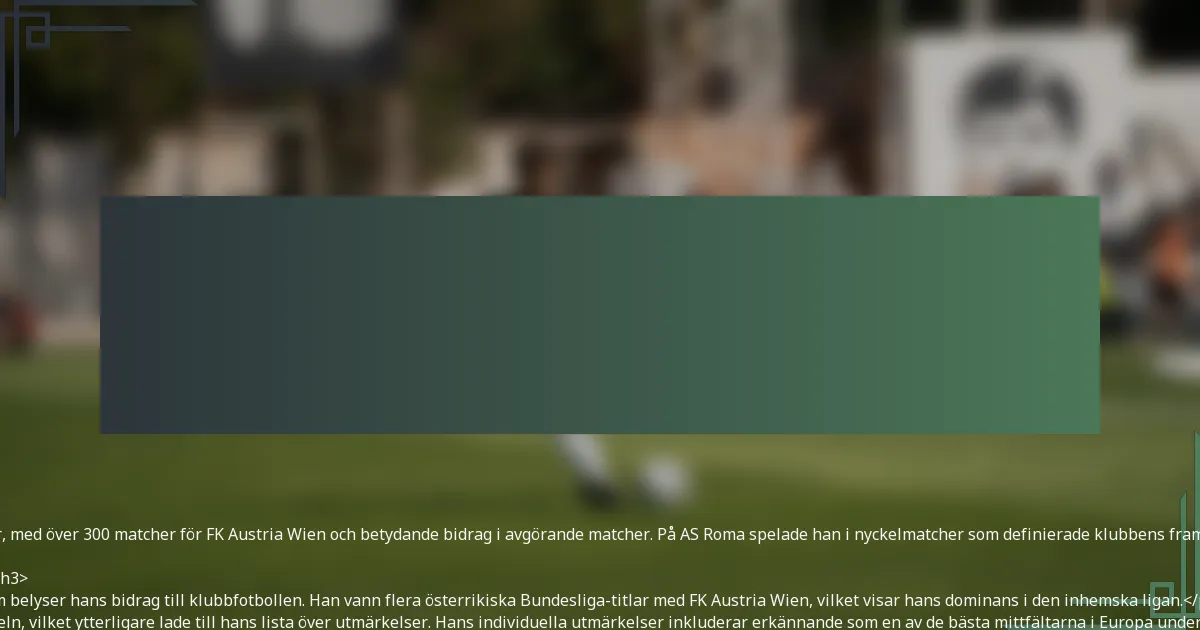 <p>Herbert Prohaska hade en betydande påverkan på klubbfotbollen genom sina exceptionella färdigheter, ledarskap och taktiska förståelse. Hans bidrag sträckte sig över flera klubbar, där han inte bara utmärkte sig som spelare utan också påverkade lagdynamik och prestation.</p>

<h3>Översikt över klubbar han spelade för under sin karriär</h3>
<p>Herbert Prohaska hade en framstående klubbkarriär, där han främst spelade för två stora lag: FK Austria Wien och AS Roma. Han inledde sin professionella resa i Austria Wien, där han blev en centralgestalt innan han flyttade till Italien för att gå med i AS Roma.</p>
<p>På FK Austria Wien vann Prohaska flera ligatitlar och etablerade sig som en nyckelspelare. Hans tid på AS Roma ytterligare befäste hans rykte, där han bidrog till lagets framgångar i Serie A och europeiska tävlingar.</p>

<h3>Statistik och anmärkningsvärda matcher i varje klubb</h3>
<table>
  <thead>
    <tr>
      <th>Klubb</th>
      <th>Matcher</th>
      <th>Mål</th>
      <th>Anmärkningsvärda matcher</th>
    </tr>
  </thead>
  <tbody>
    <tr>
      <td>FK Austria Wien</td>
      <td>300+</td>
      <td>70+</td>
      <td>Europacupmatcher, inhemska finaler</td>
    </tr>
    <tr>
      <td>AS Roma</td>
      <td>150+</td>
      <td>20+</td>
      <td>Serie A-titelavgörande, UEFA-cupmatcher</td>
    </tr>
  </tbody>
</table>
<p>Prohaskas statistik speglar hans konsekventa prestationer, med över 300 matcher för FK Austria Wien och betydande bidrag i avgörande matcher. På AS Roma spelade han i nyckelmatcher som definierade klubbens framgång under hans tid.</p>

<h3>Utmärkelser och hedersbetygelser inom klubbfotbollen</h3>
<p>Under sin karriär mottog Prohaska många utmärkelser som belyser hans bidrag till klubbfotbollen. Han vann flera österrikiska Bundesliga-titlar med FK Austria Wien, vilket visar hans dominans i den inhemska ligan.</p>
<p>På AS Roma var han en del av laget som säkrade Serie A-titeln, vilket ytterligare lade till hans lista över utmärkelser. Hans individuella utmärkelser inkluderar erkännande som en av de bästa mittfältarna i Europa under sina spelår.</p>

<h3>Spelstil och positioner</h3>
<p>Herbert Prohaska var känd för sin mångsidighet på planen, främst spelande som mittfältare. Hans spelstil kombinerade teknisk skicklighet med taktisk medvetenhet, vilket gjorde att han effektivt kunde kontrollera spelets tempo.</p>
<p>Prohaskas förmåga att läsa spelet och göra avgörande passningar skilde honom från sina jämlikar. Han var också känd för sina ledarskapskvaliteter, ofta som kapten och vägledande för yngre spelare i laget.</p>

<h3>Påverkan på lagdynamik och prestation</h3>
<p>Prohaskas närvaro på planen påverkade lagdynamiken positivt och främjade en samarbetsvillig miljö bland spelarna. Hans erfarenhet och taktiska kunskap hjälpte till att höja prestationen hos sina lagkamrater, särskilt i pressade situationer.</p>
<p>Hans ledarskap sträckte sig bortom hans spelförmåga; han agerade ofta som mentor och hjälpte till att utveckla nästa generation av fotbollsspelare. Prohaskas bidrag var avgörande för att forma identiteten och framgången hos de lag han spelade för.</p>

<h2>Vad är Herbert Prohaskas internationella arv?